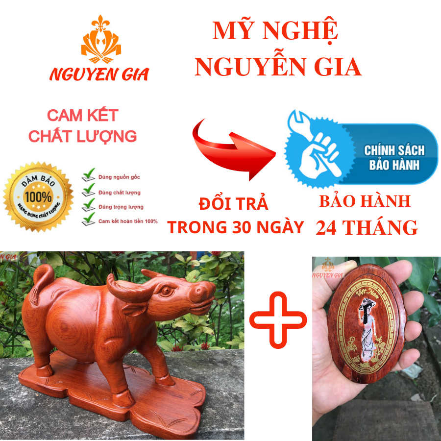 Tượng trâu phong thủy đứng núi tiền vàng bằng gỗ hương ngang 30 cm mang tới sự phát triển, thuận lợi cho gia chủ