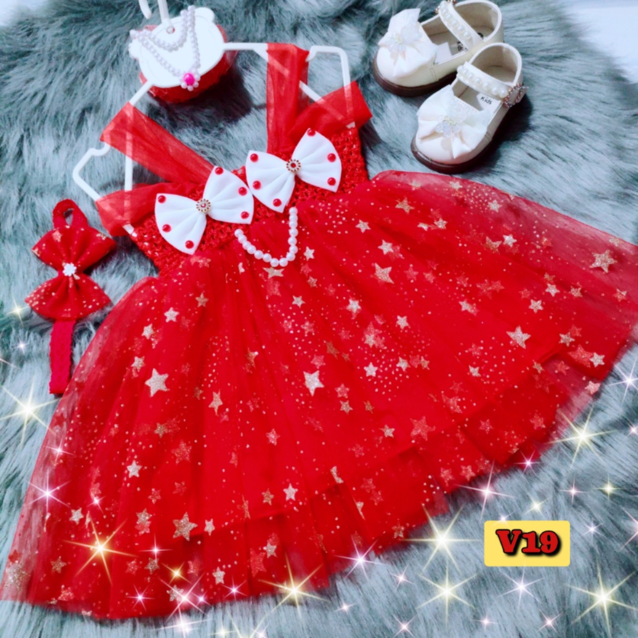 Váy bé gái, đầm công chúa màu đỏ phối nơ sao nhũ lấp lánh cho bé V19
