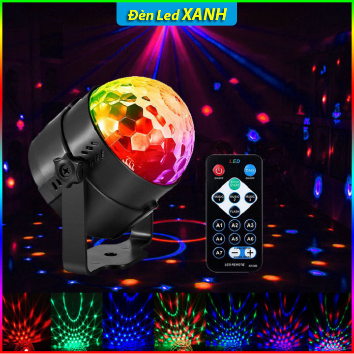Đèn led trang trí sân khấu, Đèn phòng bay cầu xoay mini 7 màu Cao Cấp có khiển cảm biến tự động nháy theo nhạc dùng cho phòng karaoke gia đình, quán bar, vũ trường, phòng bay...
