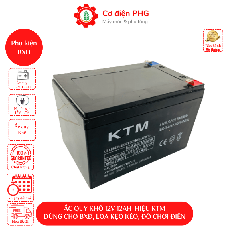 Bình ắc quy 12V 12AH KTM chuyên dùng cho bình xịt điện, loa kẹo kéo, đồ chơi hoạt động bằng điện| Hiệu KTM | Bảo hành 6 tháng