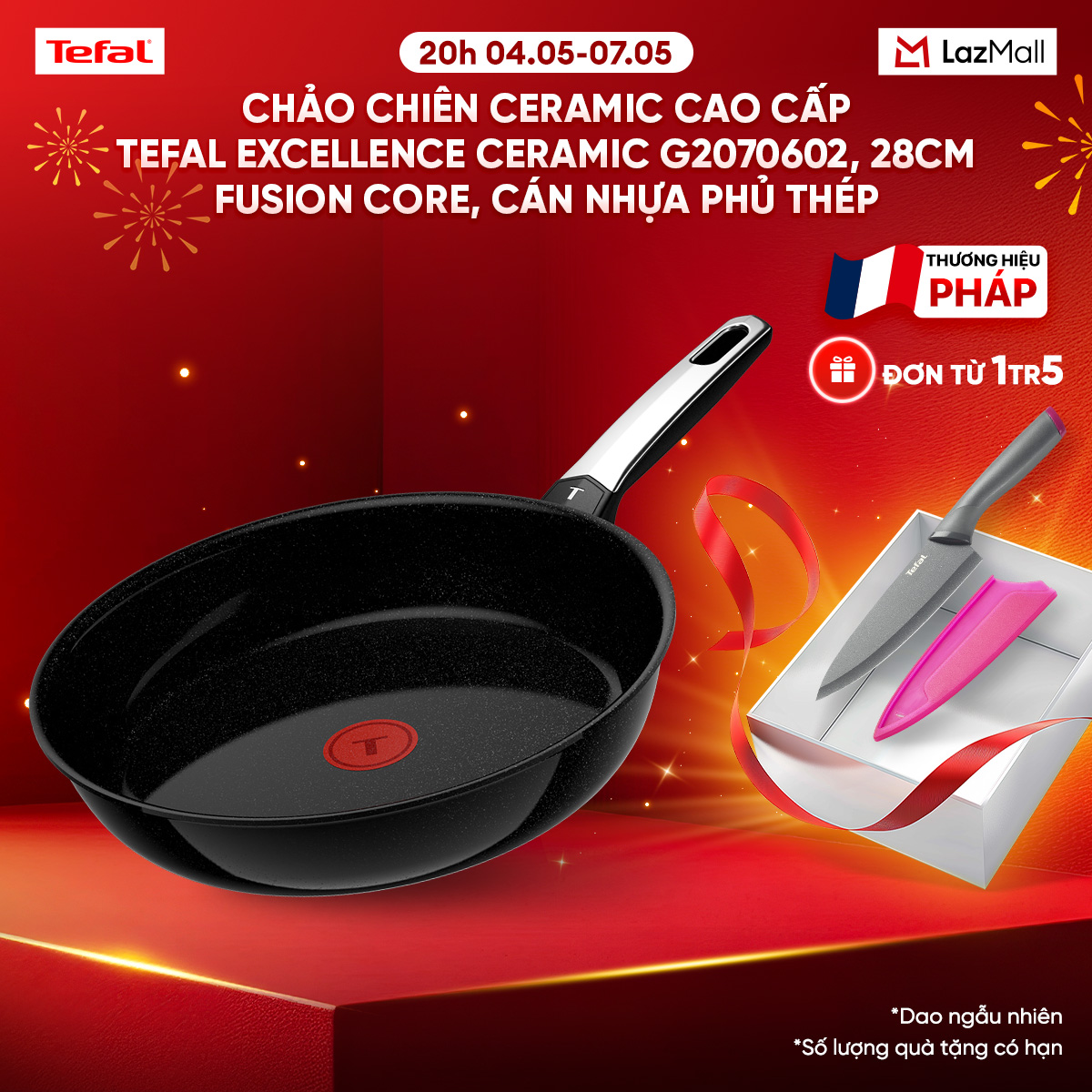 Chảo chiên ceramic cao cấp Tefal EXCELLENCE CERAMIC G2070602, 28cm, Fusion Core, cán nhựa phủ thép