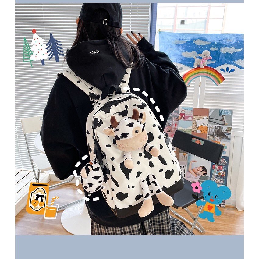 Hàng Quảng Châu Balo bò sữa trend vải canvas kèm con bò balô đi học bag phụ kiện học sinh ulzzang giá rẻ