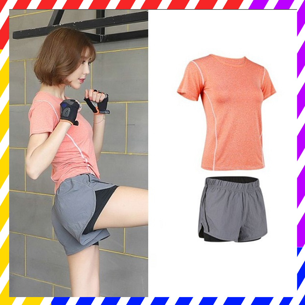 Bộ Đồ Tập GYM Nữ, Set Quần Áo Tập GYM YOGA Nữ, Set Đồ Tập GYM YOGA Nữ 2 Món Áo Thun Quần Short 2 Lớp