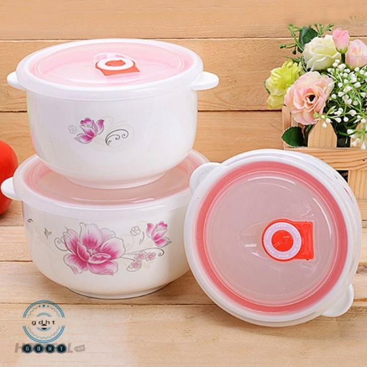 Bộ 3 bát sứ cao cấp có nắp đậy - bộ 3 thố hút chân không tiện lợi