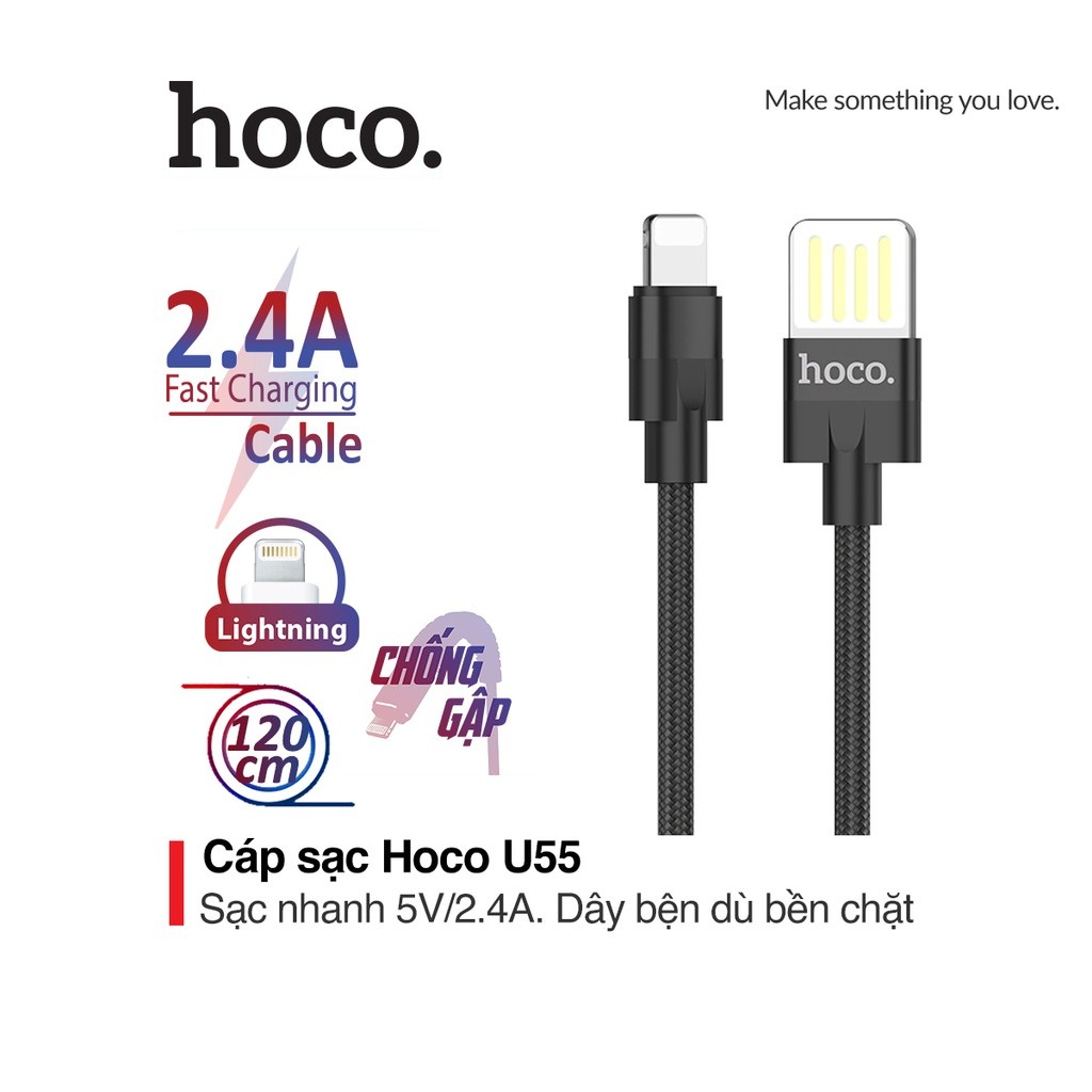 Cáp sạc nhanh 2.4A Hoco U55 Lightning dây dù siêu bền truyền dữ liệu cho iPhone/iPad dài 1.2M