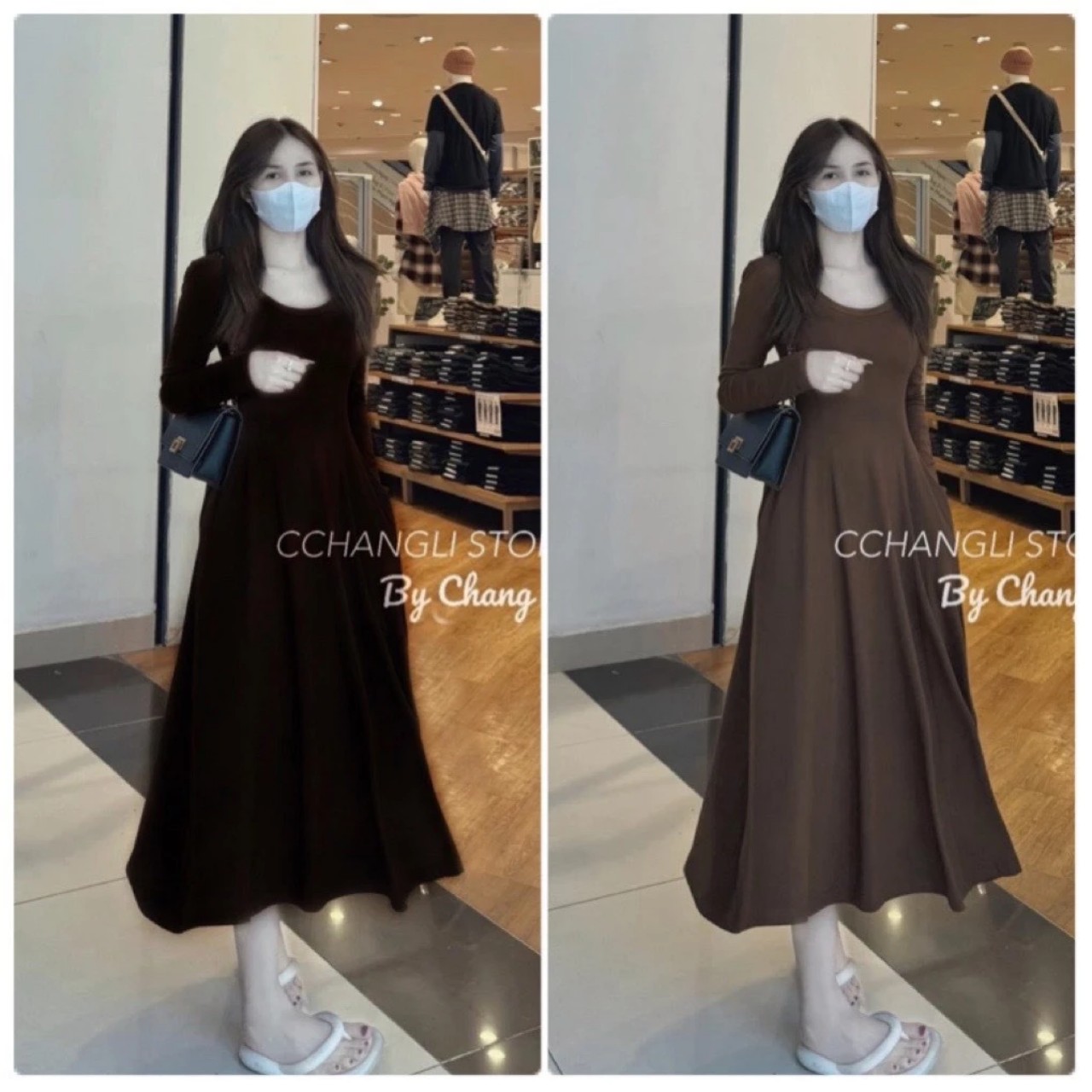 Váy suông midi dài tay có túi hông cổ vuông siêu xinh full size S M L XL