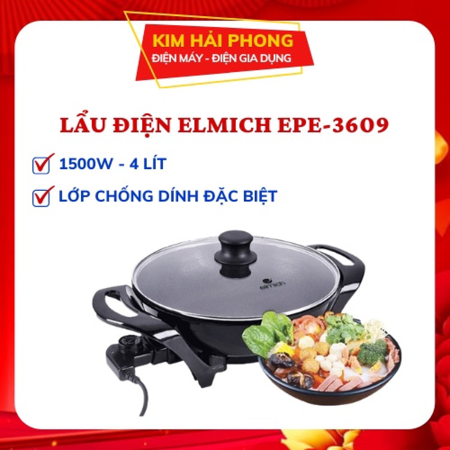 Nồi lẩu điện ELMICH EPE-3609, nồi điện đa năng 4 lít công suất lớn gia dụng chính hãng