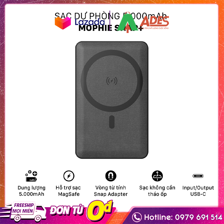 Sạc dự phòng Mophie Snap+ 5,000mAh - Công nghệ sạc không dây chuẩn Qi - Bảo hành chính hãng 24 tháng