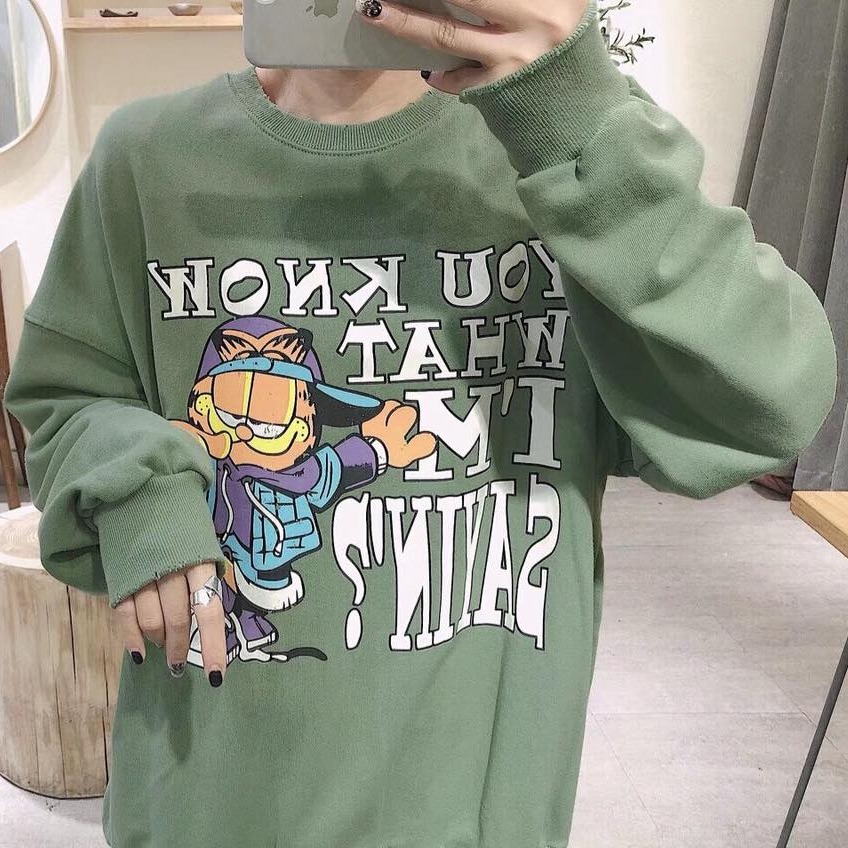 Áo thun DÀI TAY nữ bo ULZZANG thu đông freesize phông form rộng unisex mặc cặp, nhóm, lớp in hình MÈO GARFIELD màu xanh
