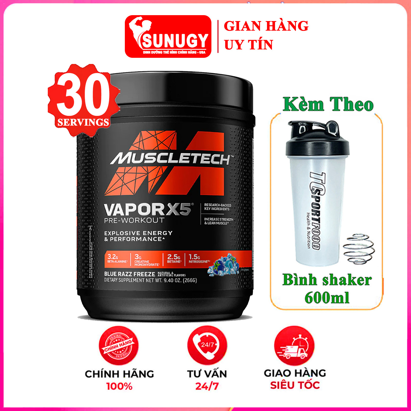 [FREE SHAKER] Pre-Workout Vapor X5 của MuscleTech hộp 30 lần dùng hỗ trợ Tăng Sức Bền Sức Mạnh đốt mỡ giảm cân cho người tập GYM và chơi thể thao - thực phẩm bổ sung