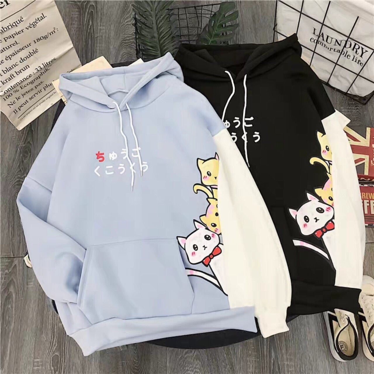 Áo hoodie 3 con mèo siêu cute fom rộng