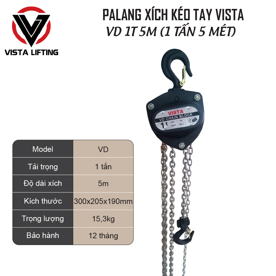 PALANG XÍCH KÉO TAY VISTA VD 1T 5M (1 TẤN 5 MÉT)