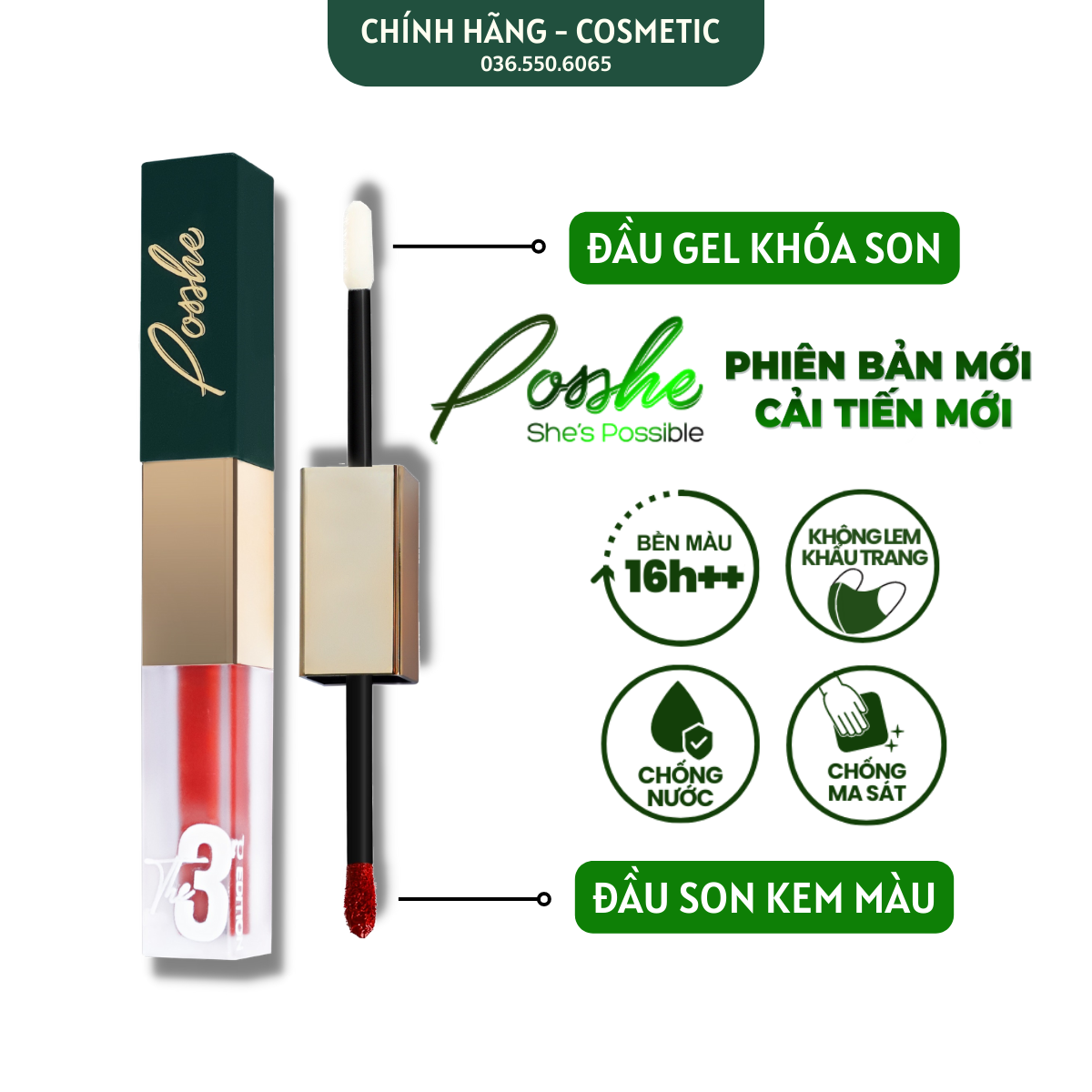 Son Kem 2 Đầu Posshe Siêu Lì Không Trôi - Mua 2 Cây Tặng Sáp Dưỡng Và Sáp Tẩy Trang Posshe Chính Hãng