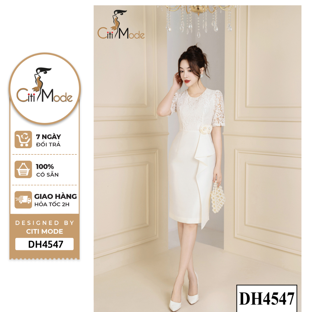 Đầm công sở citi mode fashion thiết kế dáng ôm ren be phối chân váy tafta be dh4547