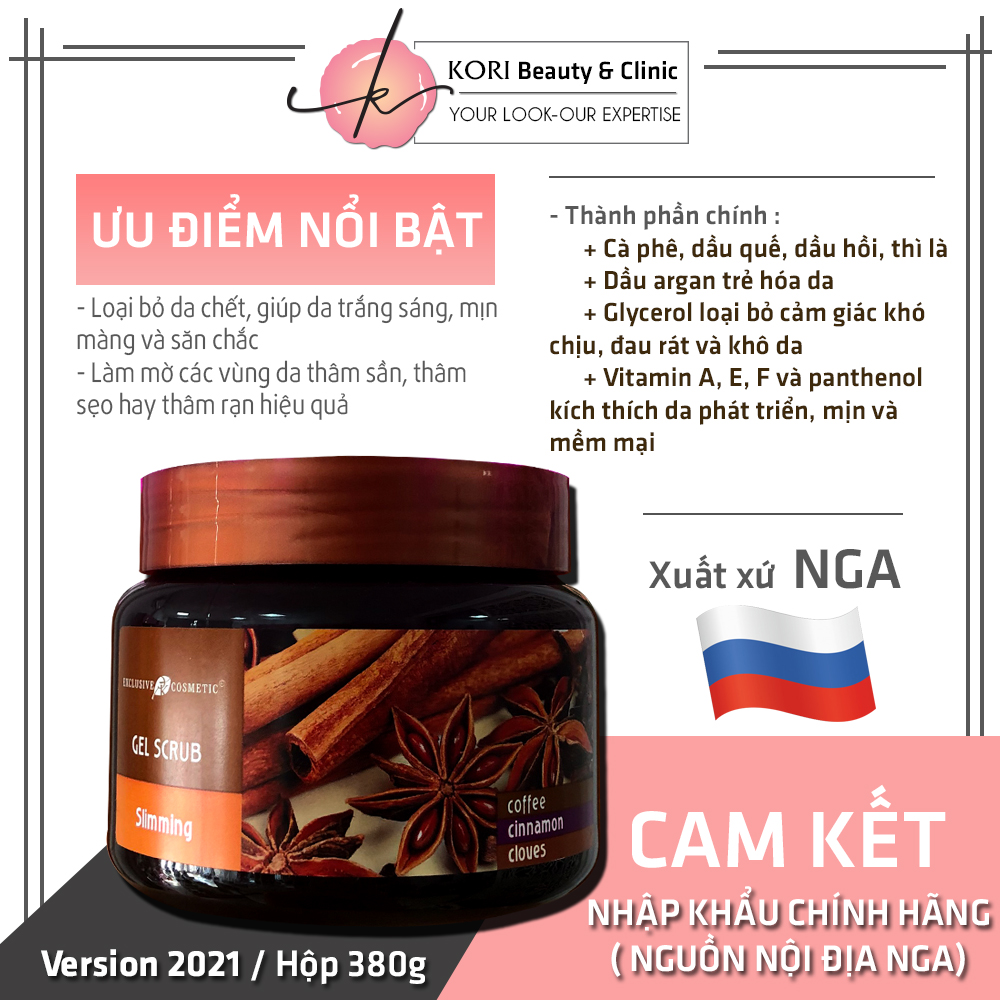 Tẩy da chết trắng da Quế hồi nhập Nga, chiết xuất Quế hồi và Cafe làm mềm da giúp da hấp thụ tinh chất tối đa khi dưỡng da