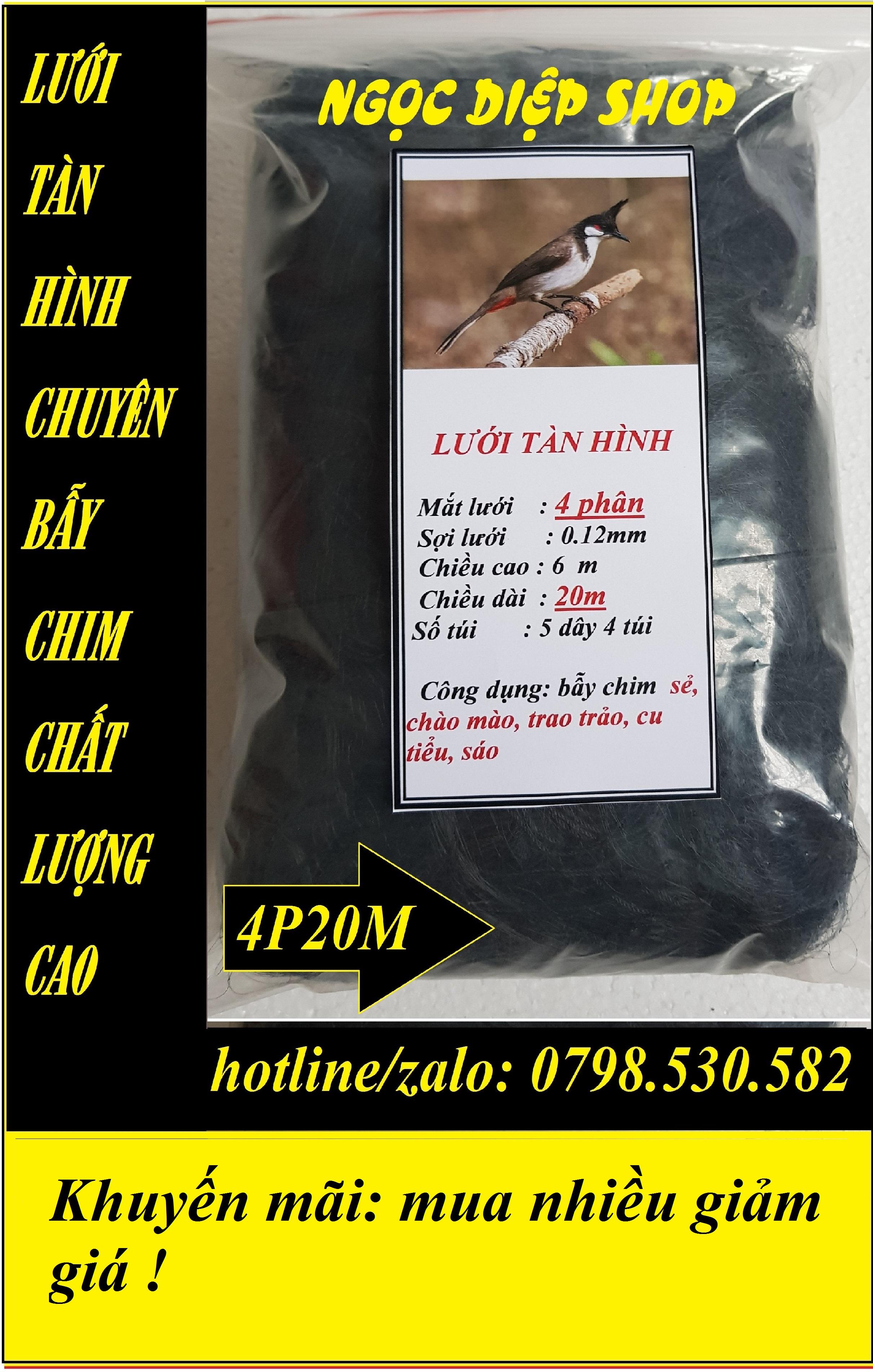 Lưới tàn hình 4 phân 20m bẫy chim sẻ, vẹt, chào mào, trao trảo, cu, sáo