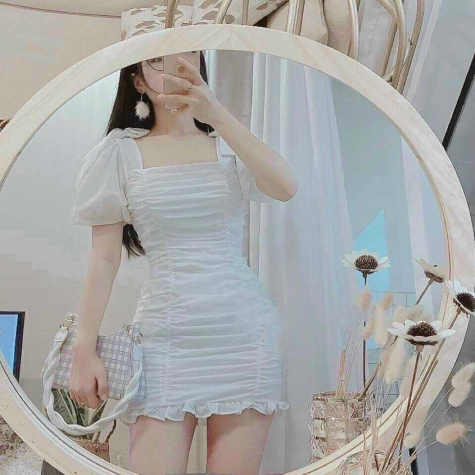Đầm nữ ôm body tay ngắn phồng nhún sườn phối nơ trê vai dạo phố main