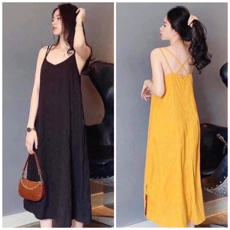Đầm hai dây suông xẻ tà 2 màu