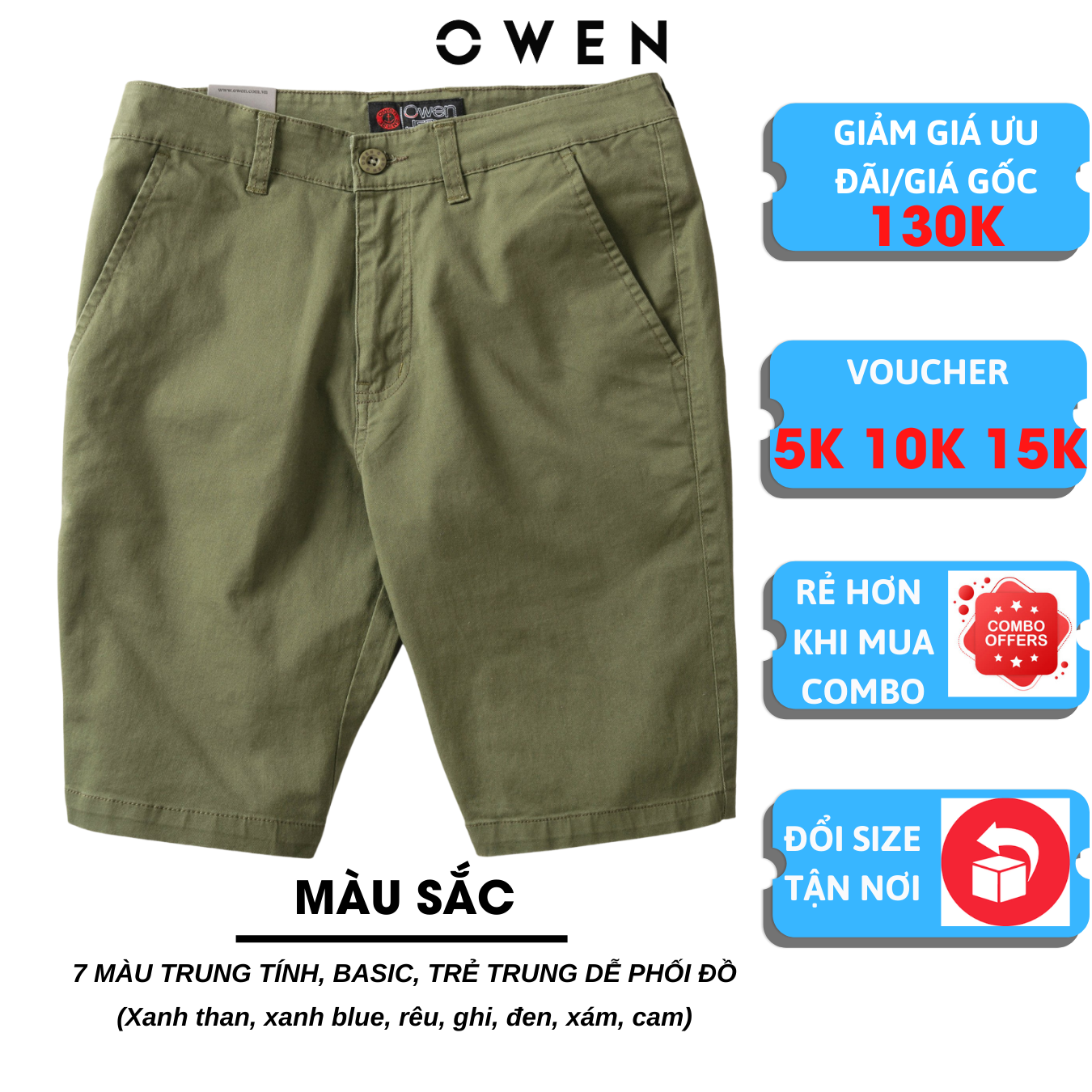 quần short nam OWEN màu rêu chất kaki cotton cao cấp co giãn trẻ trung dáng suông slimfit năng động