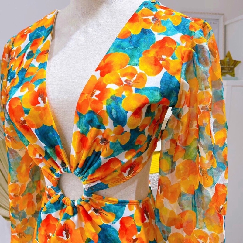 Bikini nữ đi biển hoạ tiết hoa cam trendy 2022