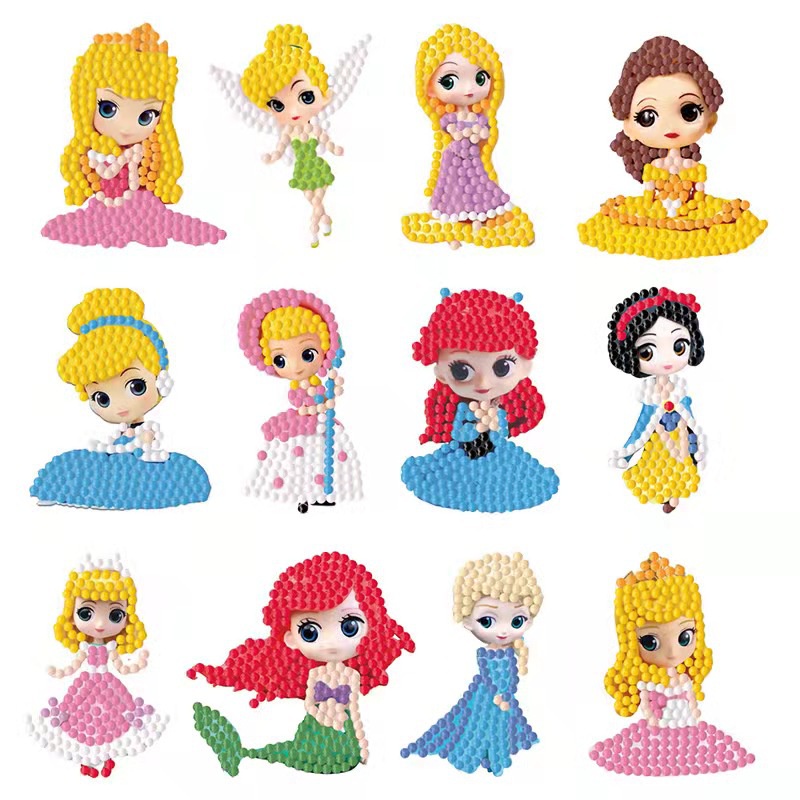 Set 6 miếng sticker tranh đính đá tự làm hình công chúa, siêu nhân, động vật trang trí thủ công đáng yêu
