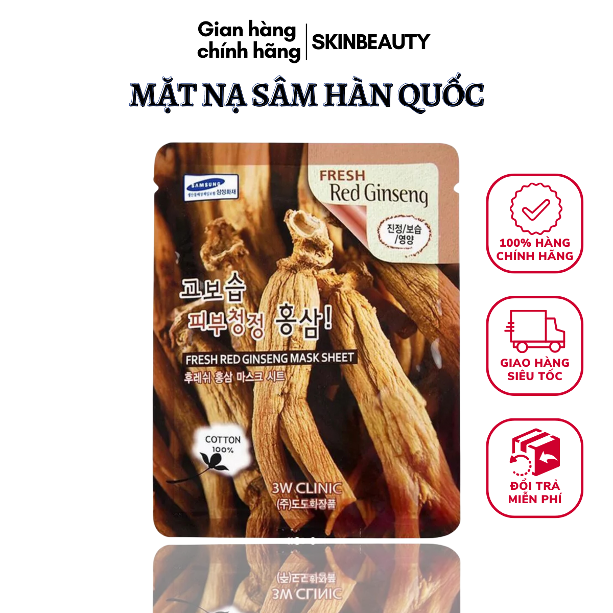 Mặt nạ nhân sâm 3W Clinic Hàn Quốc 23mlx10, mặt nạ giấy nhân sâm dưỡng trắng da, dưỡng ẩm, tăng độ đàn hồi