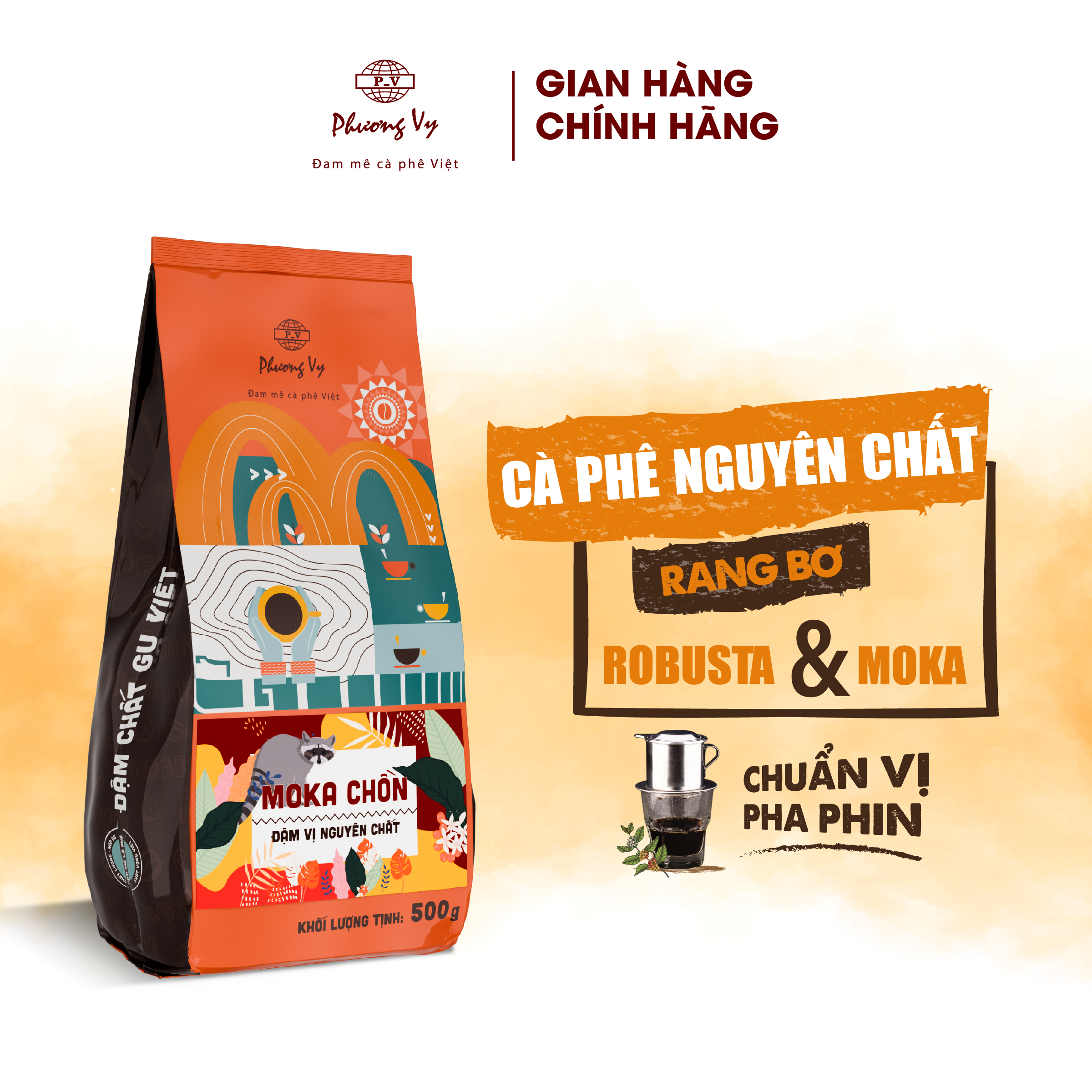 Cà Phê Nguyên Chất Moka Chồn 500g thơm dịu, vị đậm, hậu cân bằng, dành cho pha phin, Phương Vy Coffee