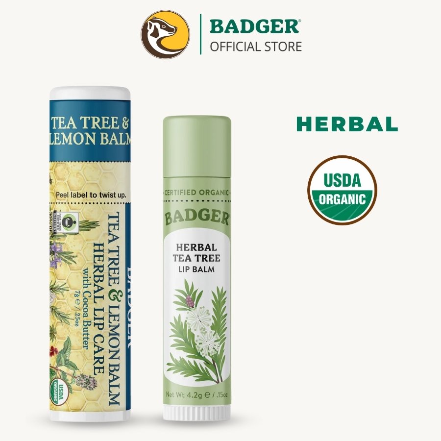 Son dưỡng môi hữu cơ BADGER Tea Tree & Lemon Balm Herbal Lip Balm USDA Organic - 4.2g