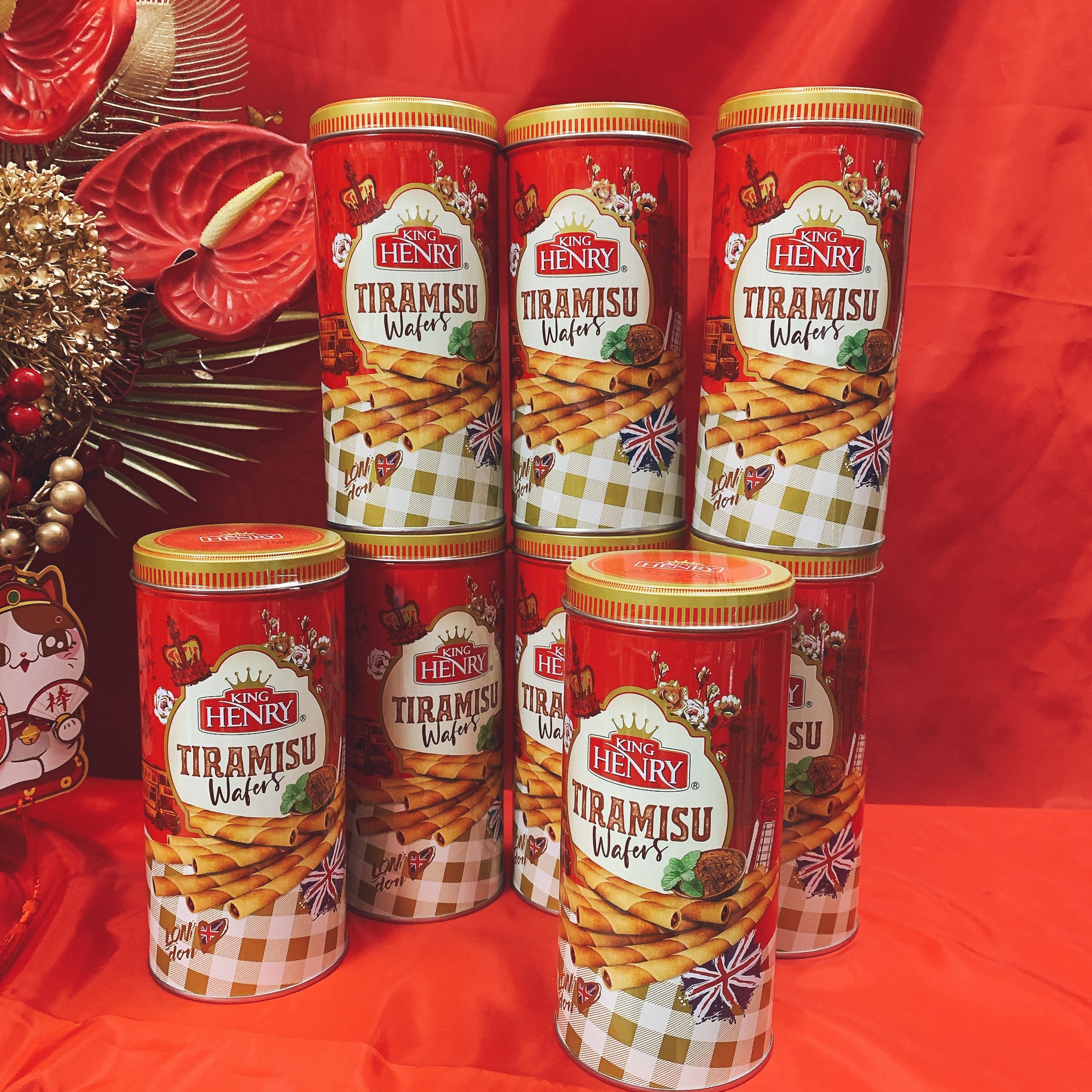 Bánh quế vị kem KIng Henry Tiramisu Wafers lon thiết 150gram