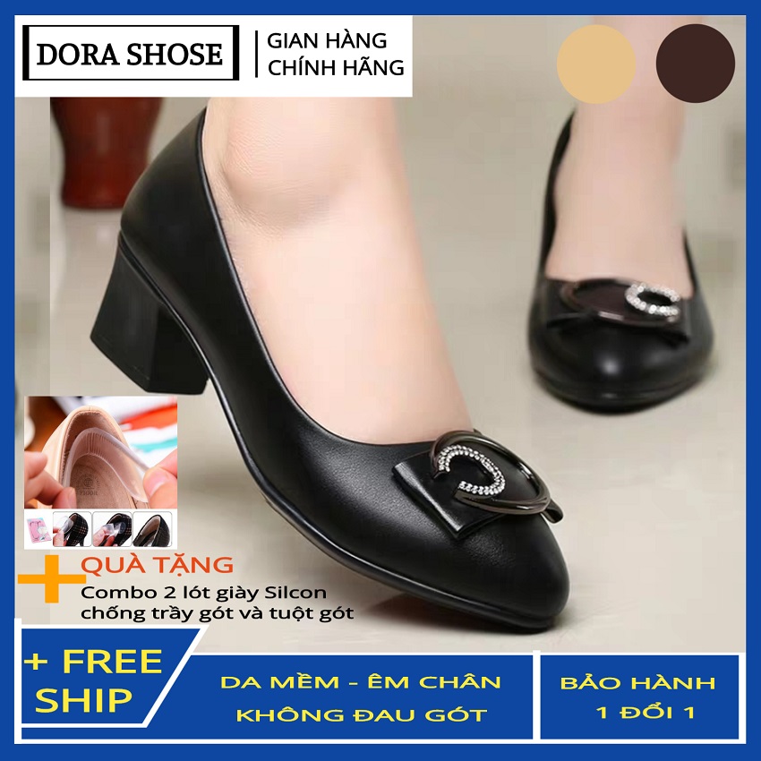 Giày cao gót nữ 4cm - giày cao gót công sở - giày cao gót nữ đế vuông DORA đính nơ khuy C sang chảnh da mềm cực kì êm chân