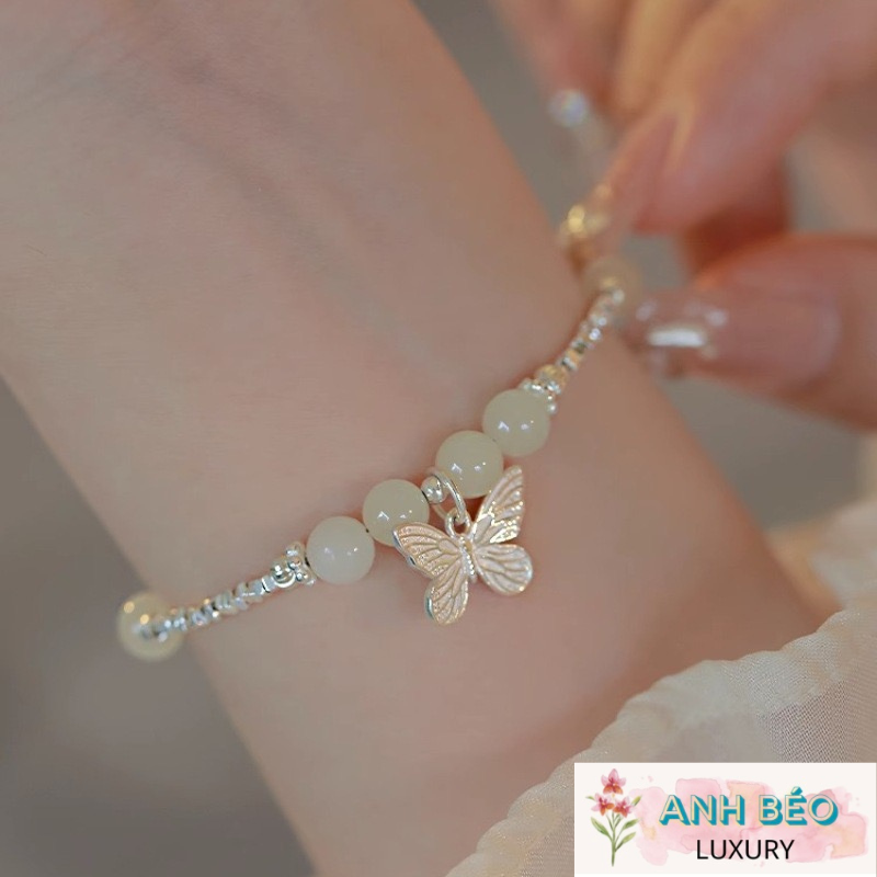 Vòng tay Bạc đính Đá ngọc bích và cánh bướm kute