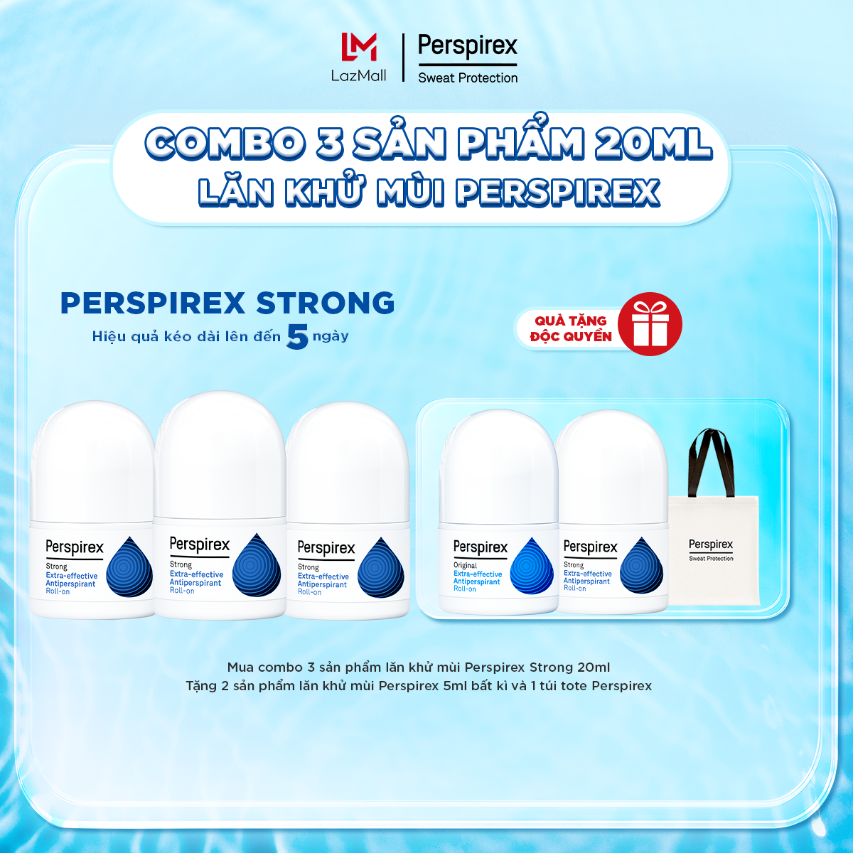 Combo 3 Lăn Khử Mùi Perspirex Strong 20ml - Dành cho da thường đổ mồ hôi nhiều - Hiệu quả kéo dài lên đến 5 ngày.