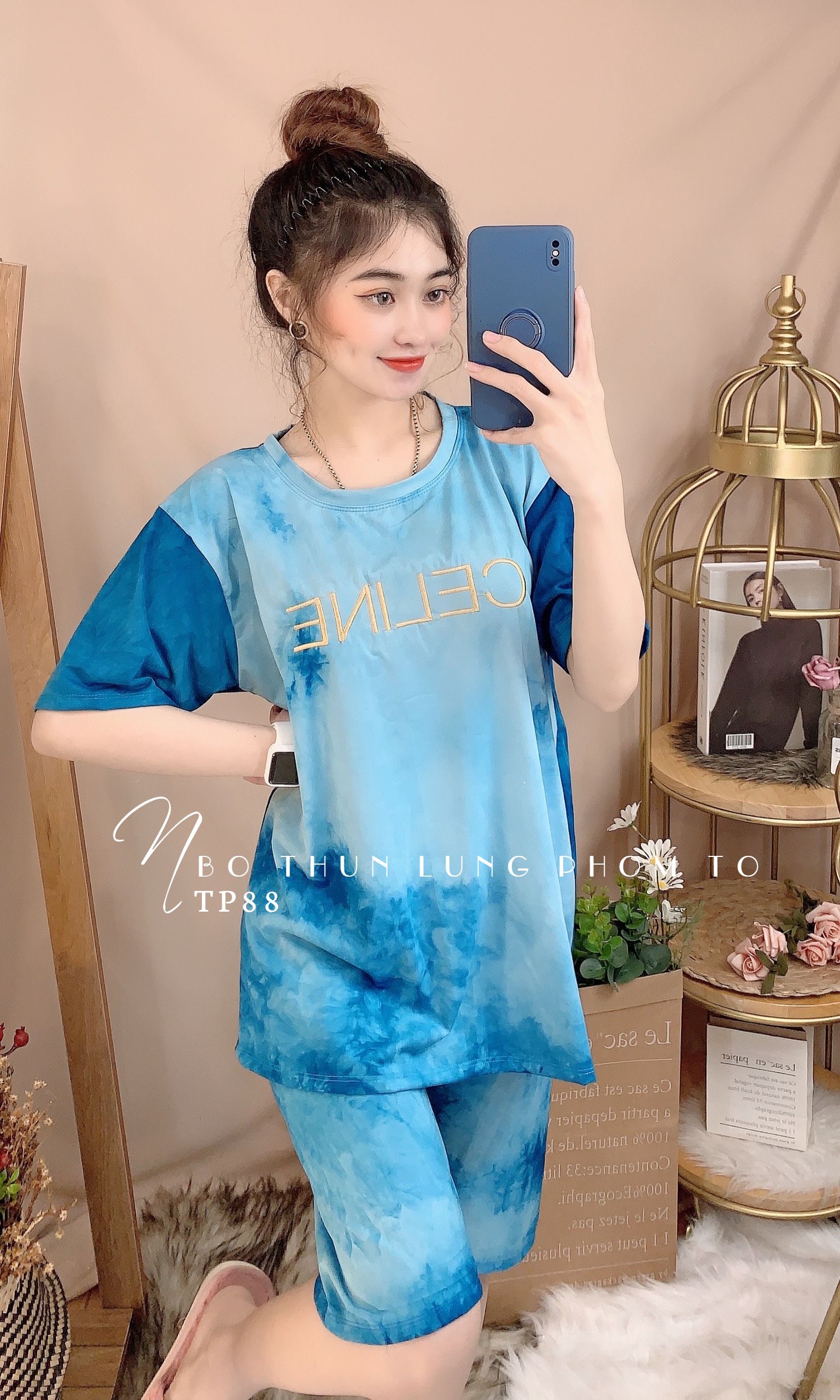 Đồ bộ thun nữ mặc nhà Đồ bộ thun lửng phom to loang màu cực xinh TP88 Đồ bộ hoạt hình Đồ bộ phom to