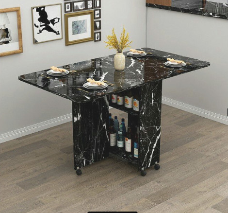 Bàn ăn xếp gọn thông minh gỗ giả vân đá hiện đại- Bàn ăn cơm gia đình màu đá hoa cương cao cấp có bánh xe tiện lợi
