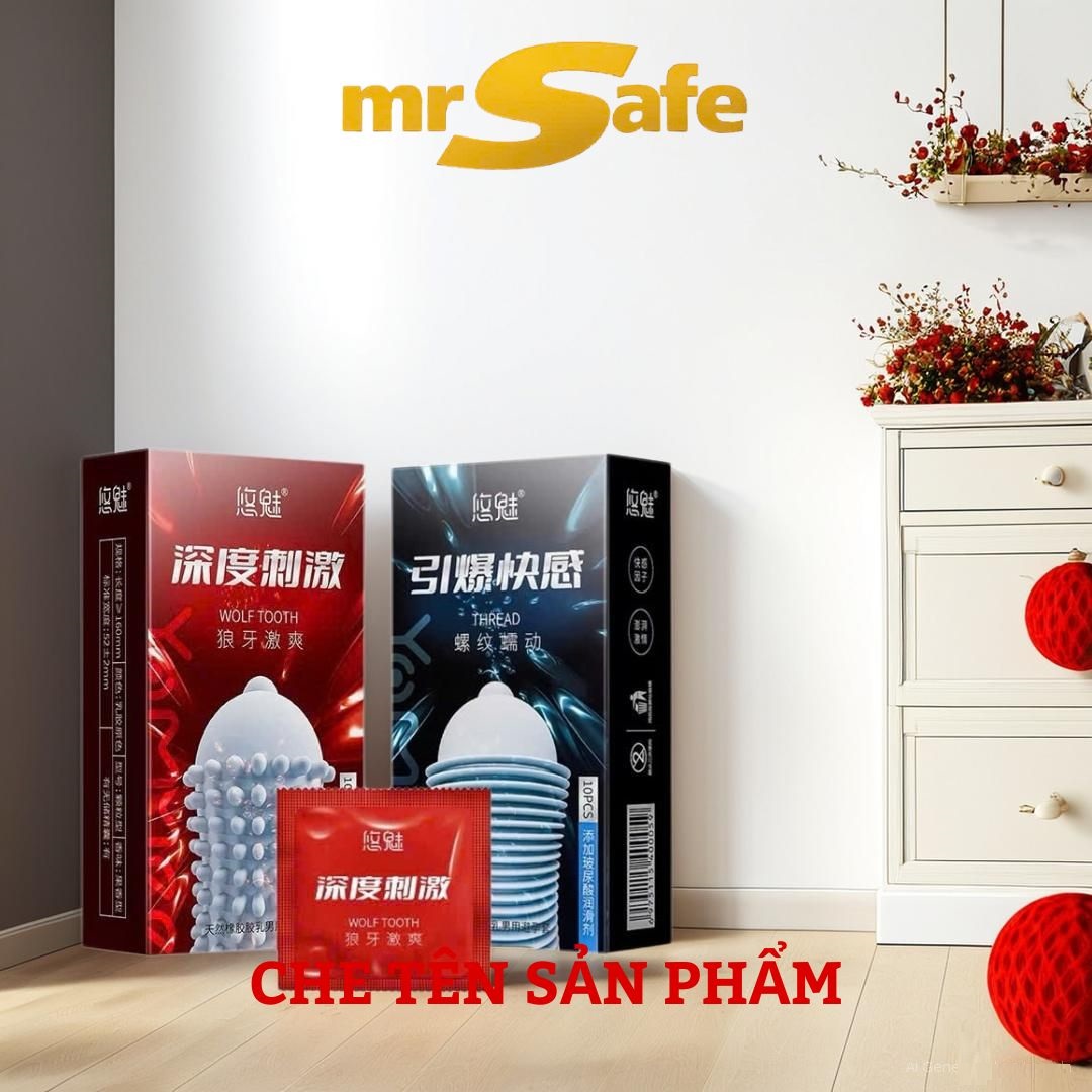 Bao cao su gân gai  Wolf Tooth hộp 10 cái siêu mỏng kéo dài thời gian quan hệ