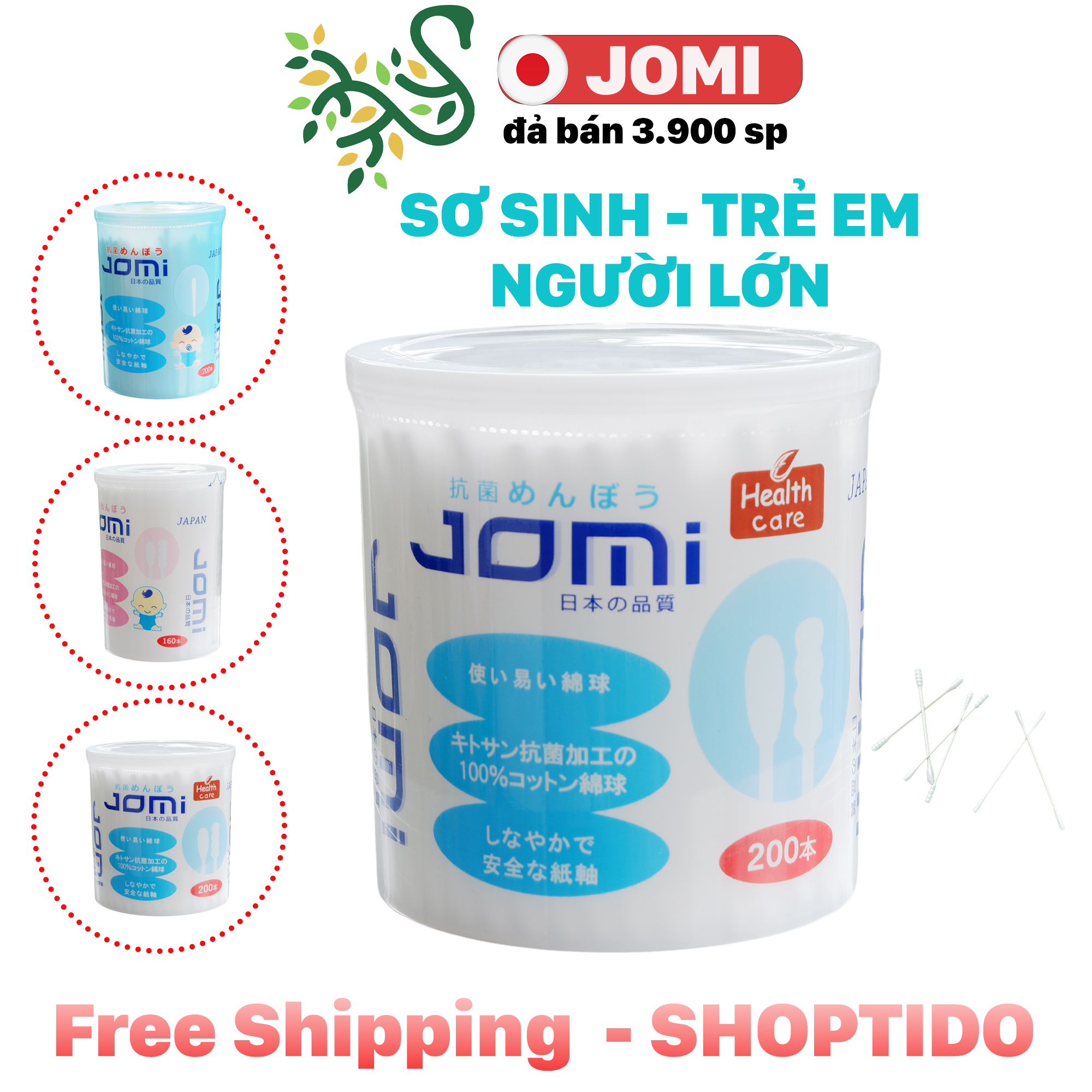 Tăm bông Kháng Khuẩn Jomi 100% cotton tự nhiên, an toàn tiện dụng, cho người lớn trẻ em sơi sinh NPP Shoptido