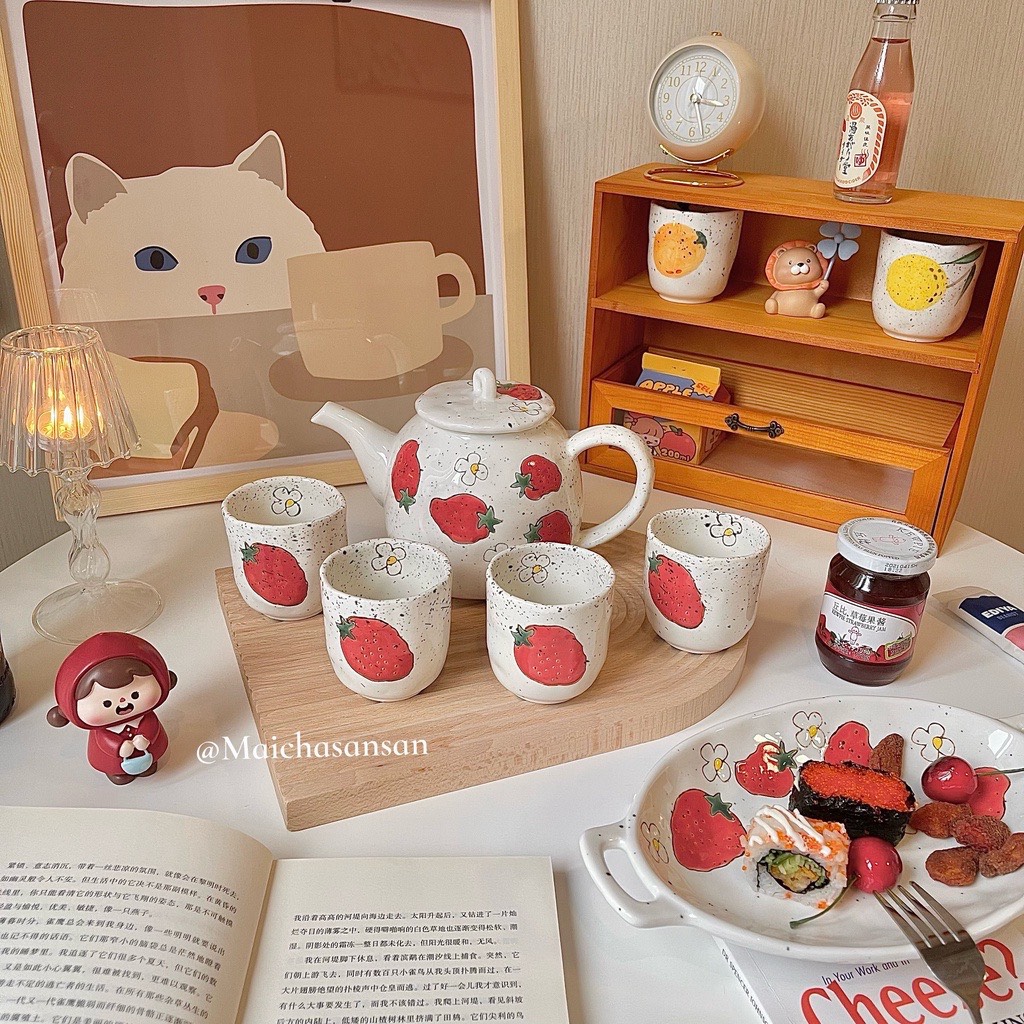 Bộ ấm cốc bình nước uống trà men tiêu hoạ tiết quả dâu, quả chanh, quả cam quà tặng sinh nhật