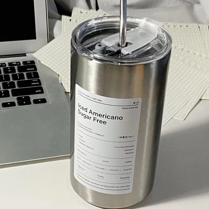 Ly cốc giữ nhiệt Iced Americano 600ml cao cấp bằng phép không gỉ 304 tặng kèm ống hút inox - Bình giữ nhiệt inox cho văn phòng