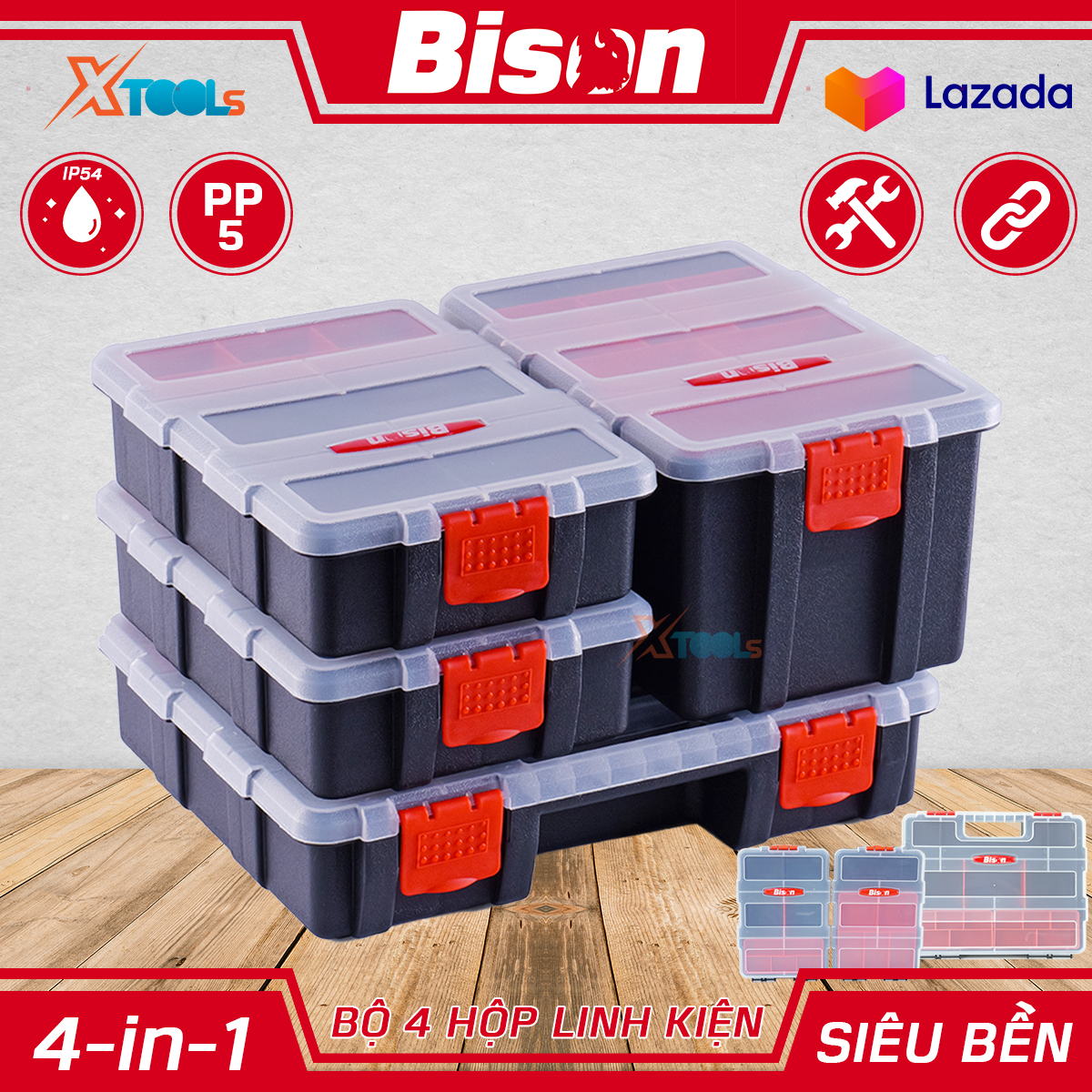 Bộ 4 hộp đựng linh kiện đa năng 4in1 BISON, chất liệu nhựa nguyên sinh PP5 chống va đập vách ngăn tháo rời, hộp nhựa đựng dụng cụ đồ nghề