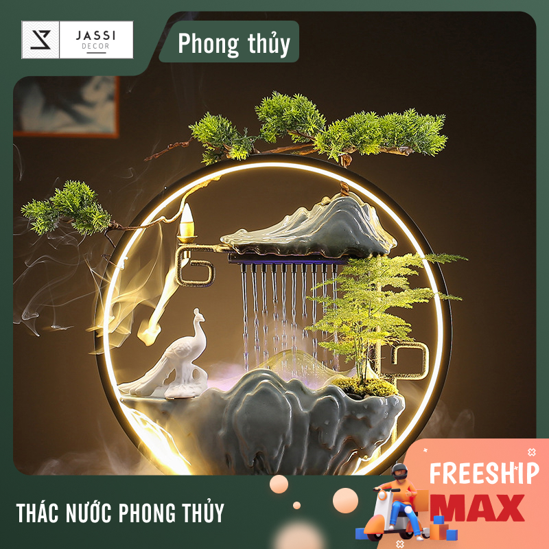 Thác nước phong thủy khổng tước bên suối để bàn, hòn non bộ thác nước có đèn led và trầm hương - PTI41 - Jassi Decor