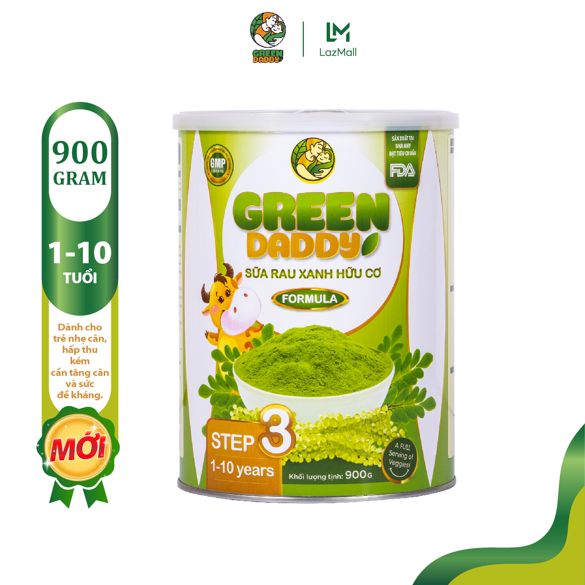 Sữa non Green Daddy Step 3 rau xanh hữu cơ bổ sung DHA, EPA, ARA,Choline giúp bé kích thích vị giác, sáng mắt, thông minh, tăng cường hệ miễn dịch đường tiêu hoá, cải thiện đường ruột, giảm táo bón dành cho trẻ từ 1-10 tuổi hộp 900g