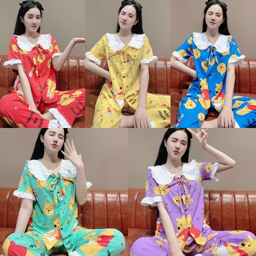 Đồ ngủ pijama nữ viền bèo hình gấu dễ thương vải kate lụa mềm - họa tiết trẻ trung xinh xắn dưới 56kg tùy chiều cao