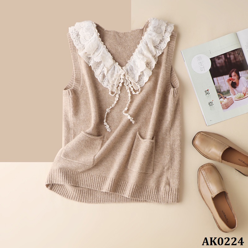 Ak0224-áo khoác vest len lông cừu và cashmere ren cổ