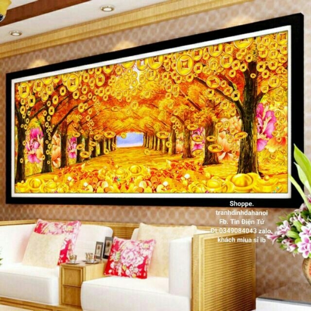 TRANH THÊU CHỮ THẬP RỪNG CÂY TIỀN VÀNG LỘC 78x33cm