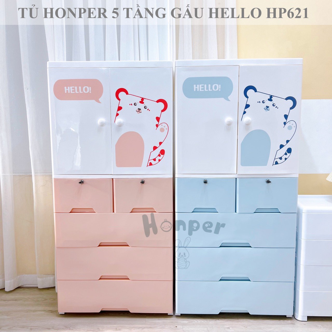 Tủ Honper 5 tầng gấu Hello phân phối chính hãng Mon Kids Store