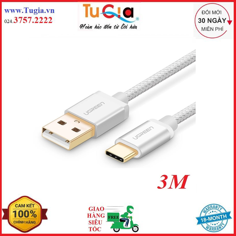 Cáp sạc usb 2.0 to type c dài 3m ugreen 20815 bọc nylon cao cấp-hàng chính hãng