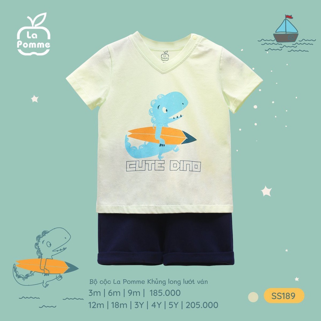 Bộ cộc tay La Pomme khủng long lướt ván cho bé trai từ 6 tháng đến 4 tuổi SS189