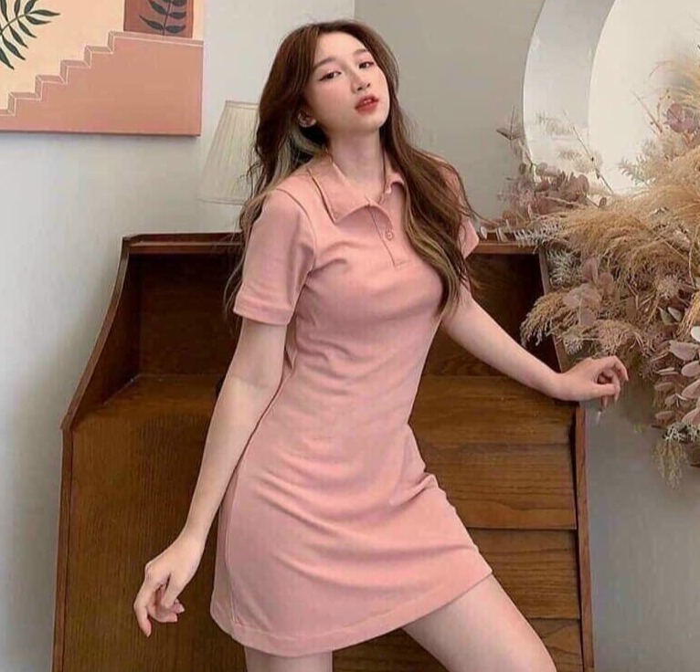 [HCM]Đầm suông cổ polo chất thun dày dặn có 2 màu hồng và đen