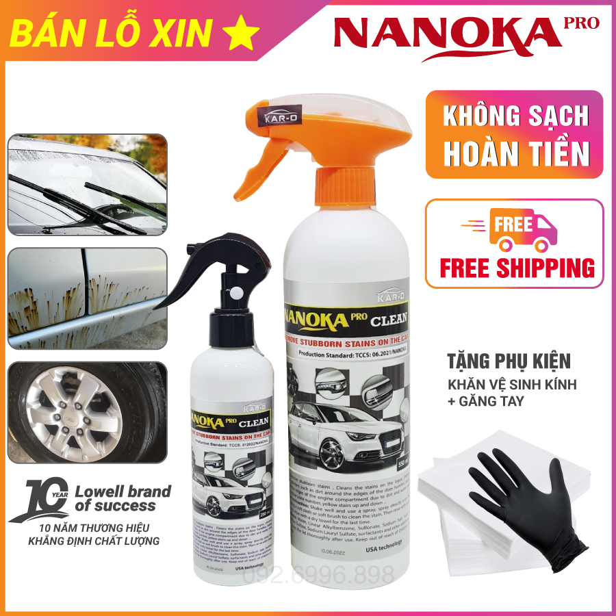 Tẩy ố kính ô tô chuyên dụng Nanoka Clean, tẩy ố sơn xe ô tô, chai tẩy cặn canxi kính ô tô, nước rửa kính xe ô tô, nước tẩy rửa đa năng, tẩy ố chính hãng