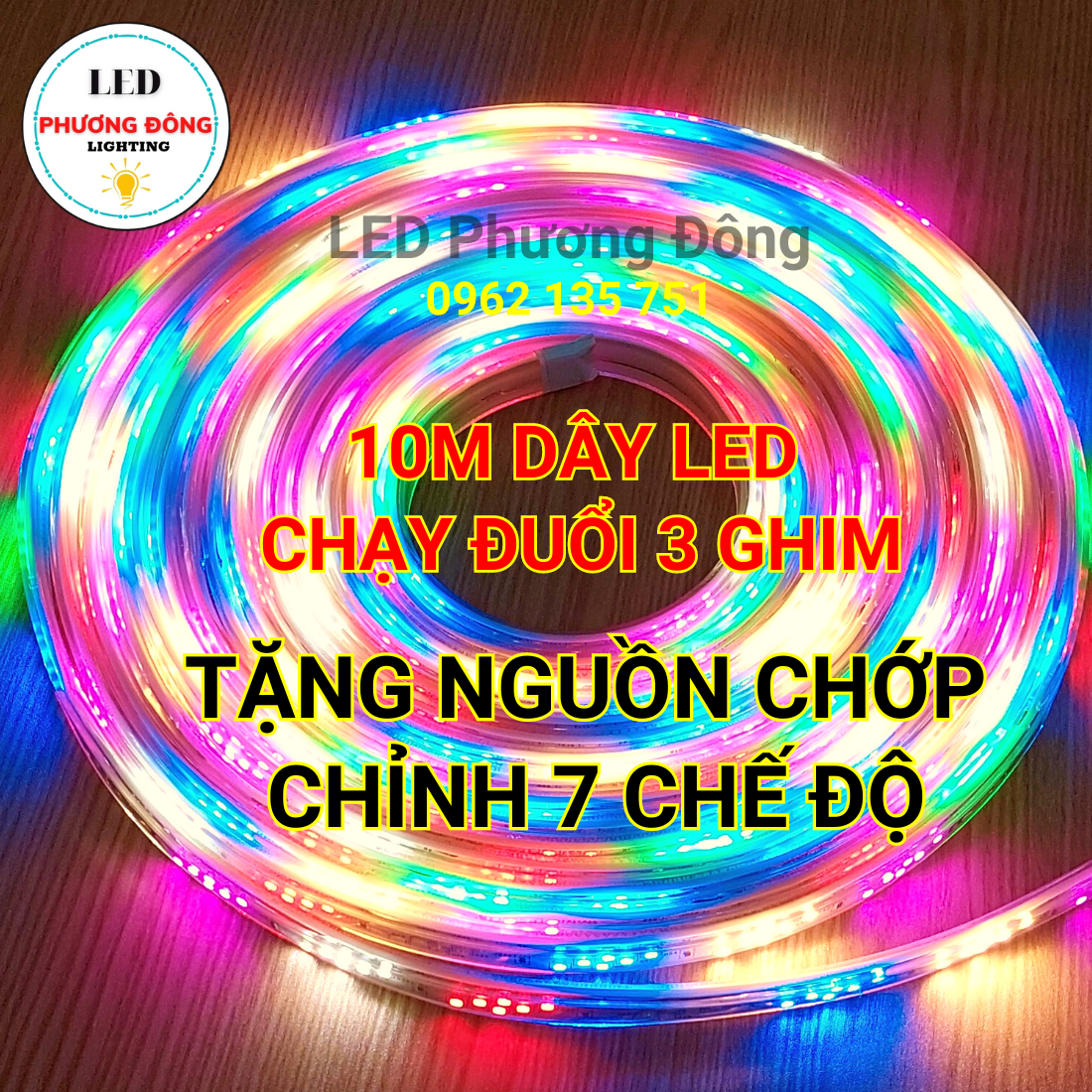 10m dây đèn led 3 ghim chạy đuôi 7 màu tặng nguồn chớp